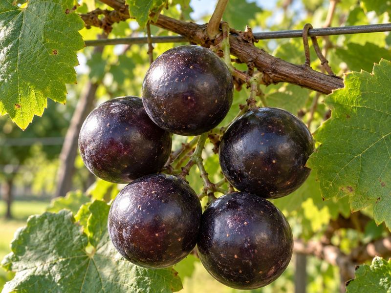 Black muscadine grapes in a loose cluster on the vine (AI illustration)